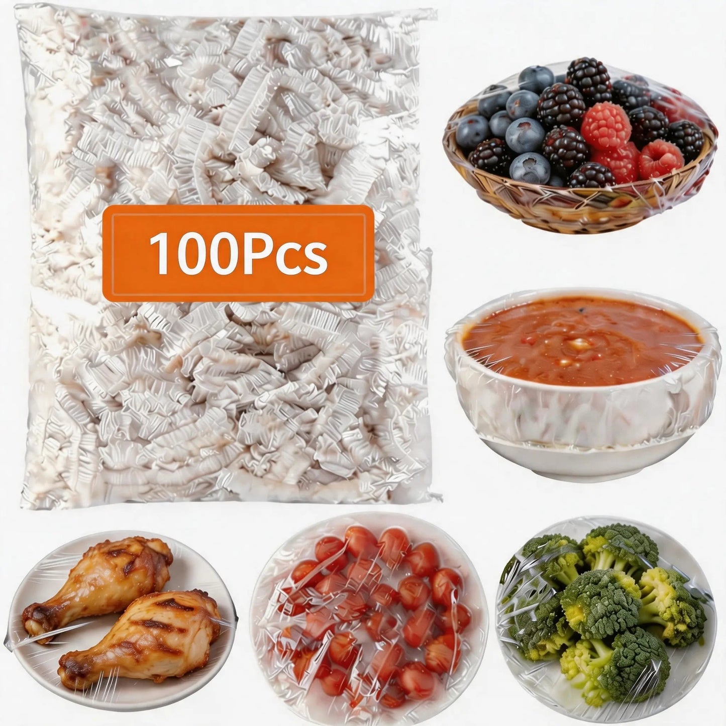 🔥100PCS Elastic Reusable Plastic Bowl Covers, Stretch Food Storage Wrap for Containers & Bowls