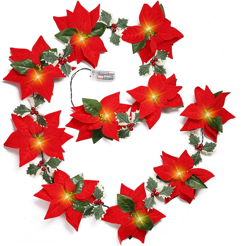 🎄✨Christmas Poinsettia LED Garland String Lights, Holiday Xmas Decor
