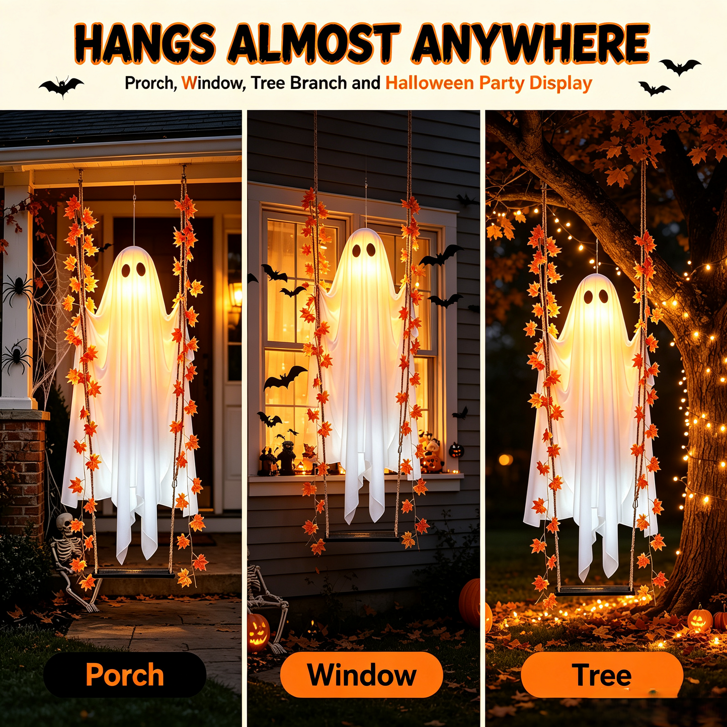 👻✨LED Hanging Ghost Swing Decoration, 5FT Remote Controlled Halloween Outdoor Hanging Decor🎃