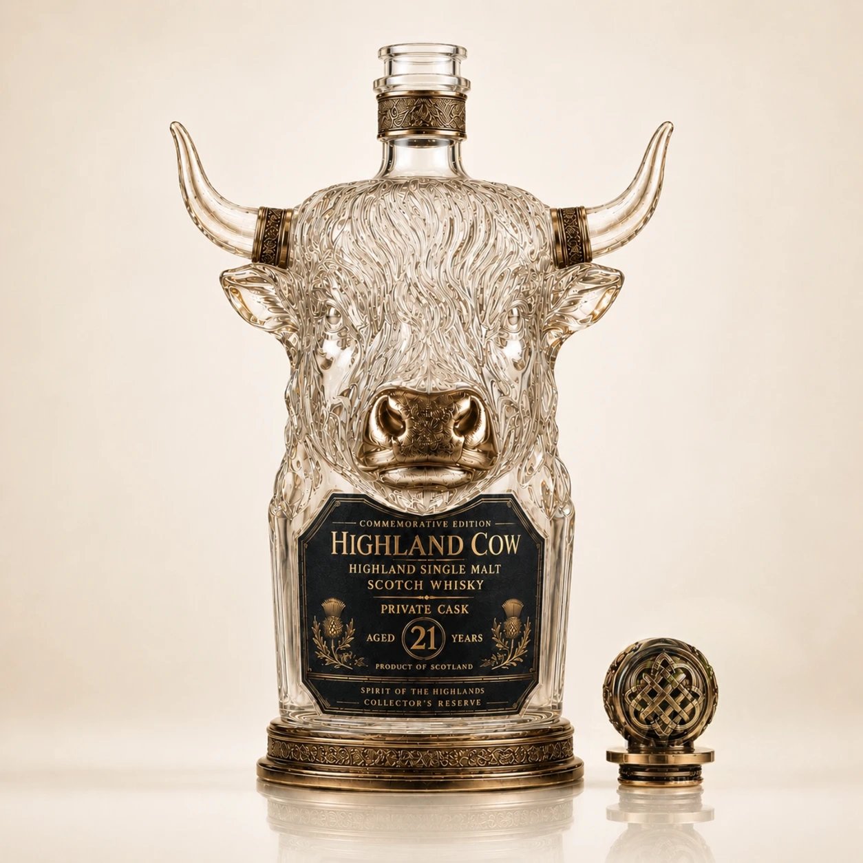 Highland Cow Private Cask 21 Years Cow Head Shaped Scotch Whisky Bottle