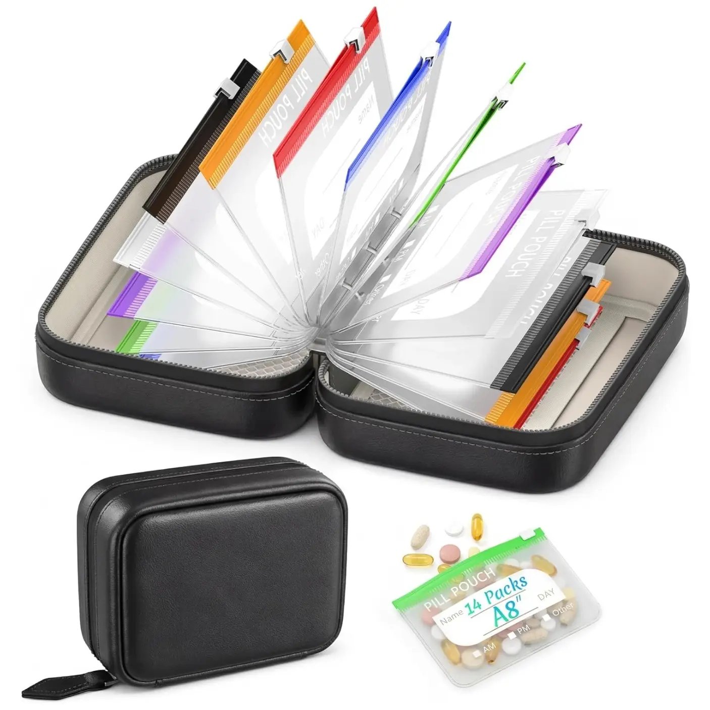 💊A8 Waterproof Pill Pouch Set, 7‑14 Day Medicine & Vitamin Storage, Crush‑Resistant Waterproof Pill Case Shell