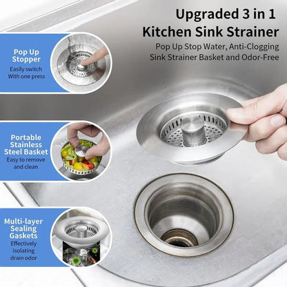 🔥Hot Sale 49% OFF- Upgraded 3 in 1 Kitchen Sink Drain Strainer