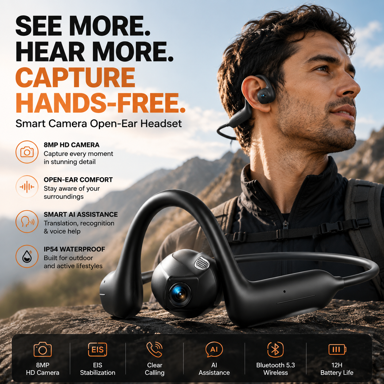 🎧👂Smart Earphones with 8MP Camera, Photos Video Recording, AI Translation & Motion Capture