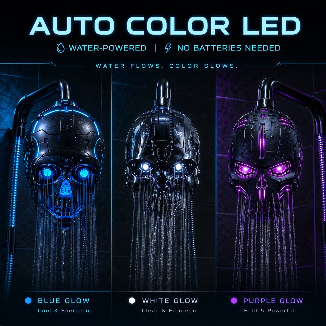 🚿👾Cyber Mecha Skull Color Changing LED Pressure Boost Shower Head