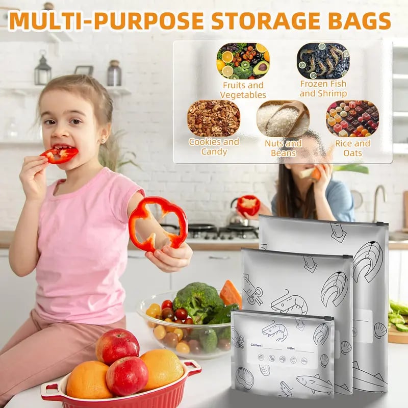 (30pcs )Reusable Aluminum Foil Sealable Storage Bags, 2026 New Resealable Vacuum Zipper Pouches for Food, Stand Up Foil Sealable Bags with Label and Zip Lock for Vegetable Fruit Meat