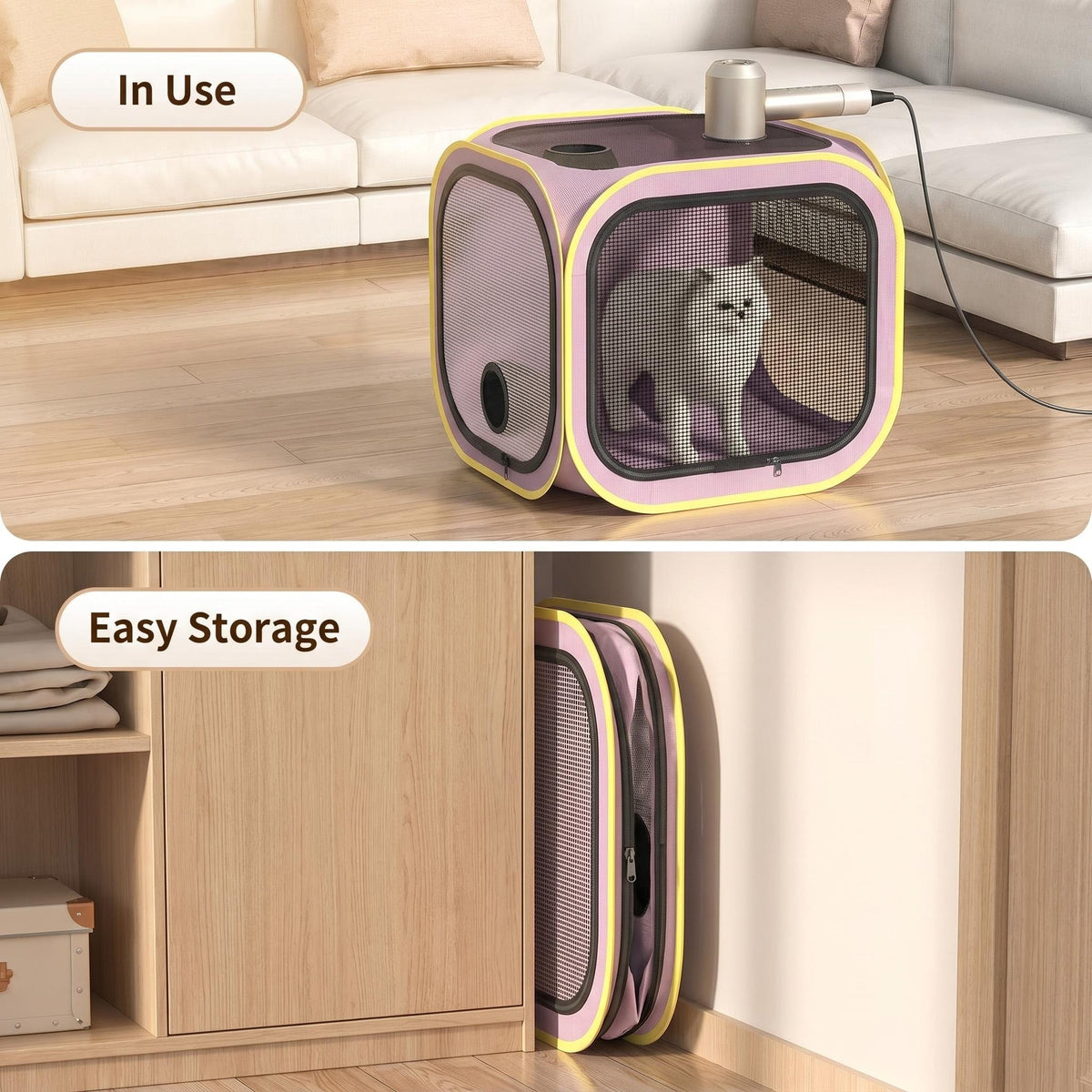 Foldable Dual-Vent Pet Dryer Box, Scratch Resistant Pet Drying Cage, Portable Pet Blow Dryer Tent for Home Bath Grooming SPA for Cats and Dogs