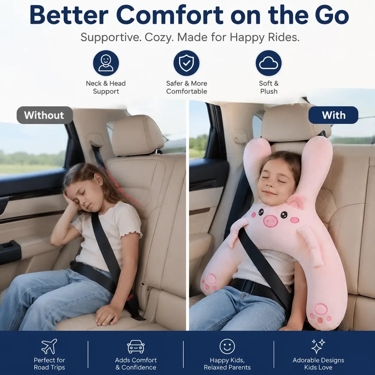 🐷Kids Car Neck Pillow - Soft Plush Pig Design, Car Seat  Attachment
