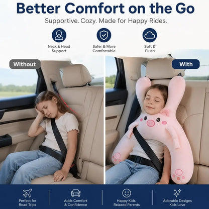 🐷Kids Car Neck Pillow - Soft Plush Pig Design, Car Seat  Attachment
