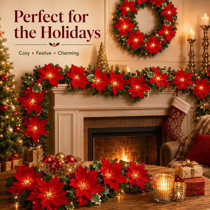 🎄✨Christmas Poinsettia LED Garland String Lights, Holiday Xmas Decor