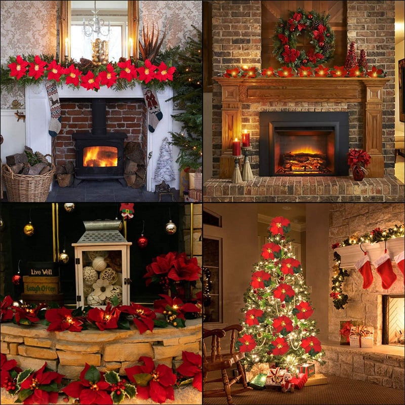 🎄✨Christmas Poinsettia LED Garland String Lights, Holiday Xmas Decor