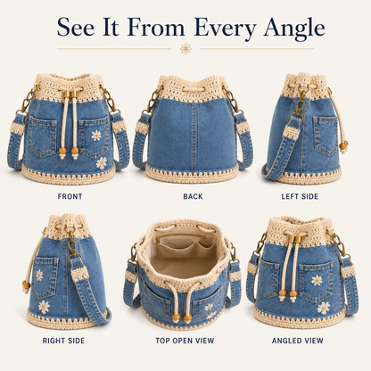 💥SAVE 33%👖 Denim Crochet Drawstring Bucket Bag, Vintage Daisy Crossbody Shoulder Bag For Women