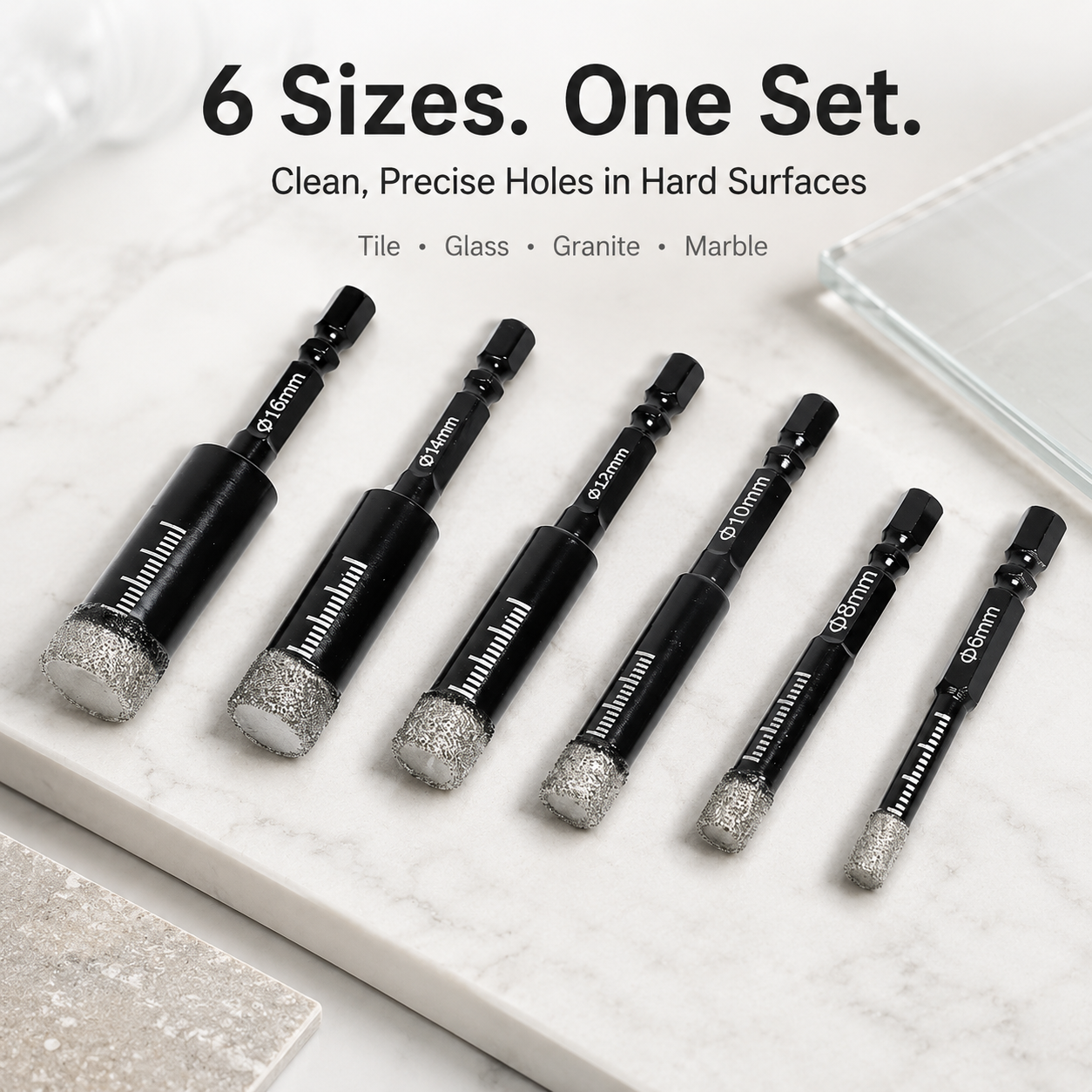 6 Pcs Diamond Drill Bits Set | Multipurpose Diamond Coated Drill Bit Kit for Glass Tile Stone