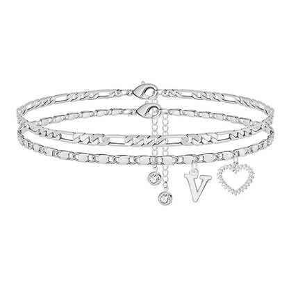 🎁 14k-Gold Plated-Double-Layer 26-Letter-Tone Chain Heart-Shaped Anklet with a  heart-shaped  pendant