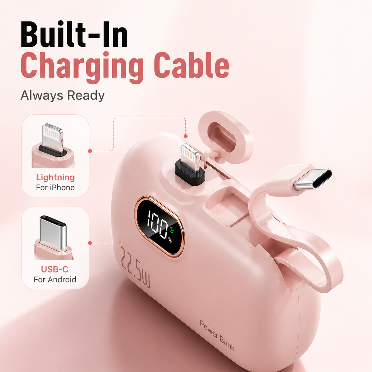 🔋 Pocket Power Bank With Built-In Cable – 🔥22.5W Fast Charging