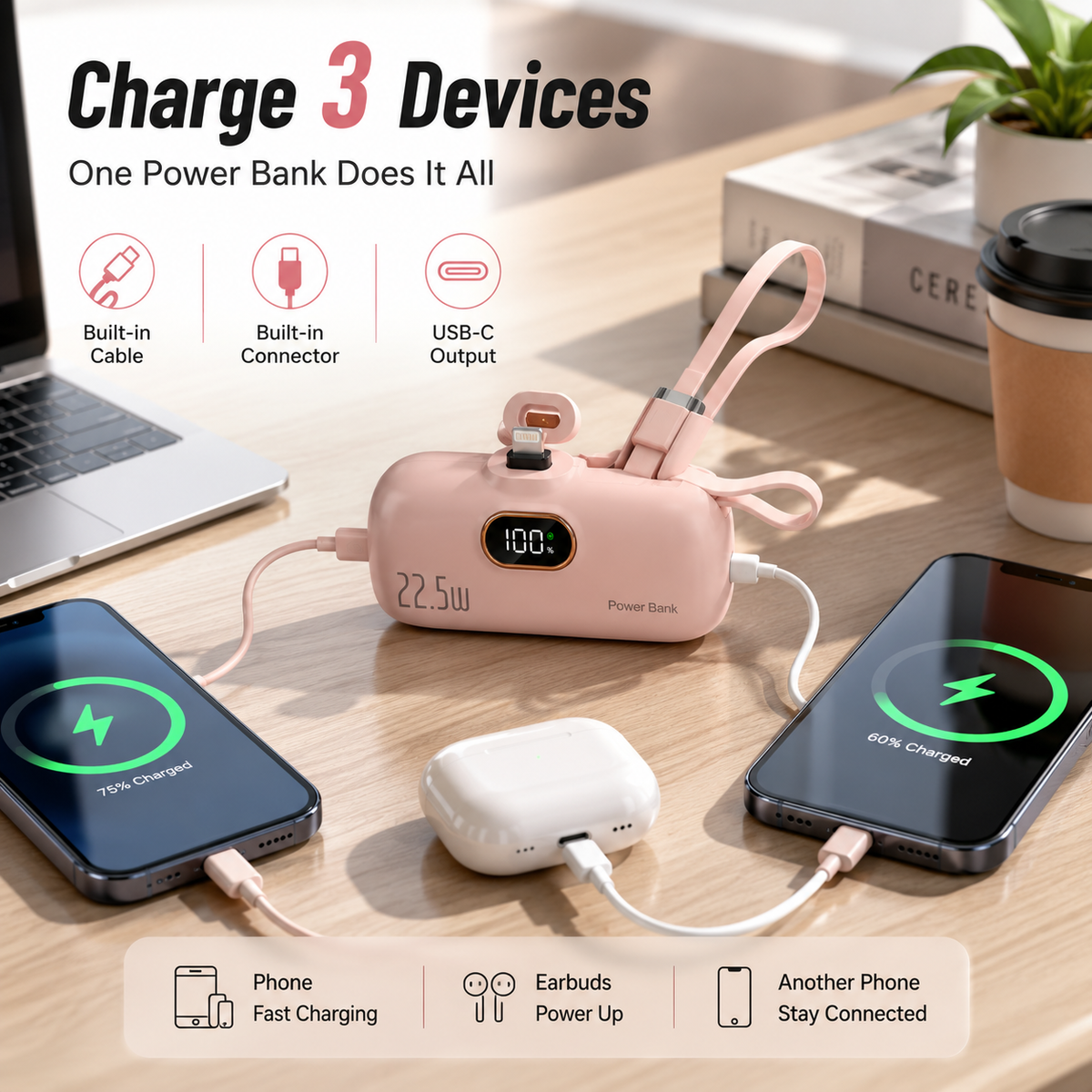 🔋 Pocket Power Bank With Built-In Cable – 🔥22.5W Fast Charging