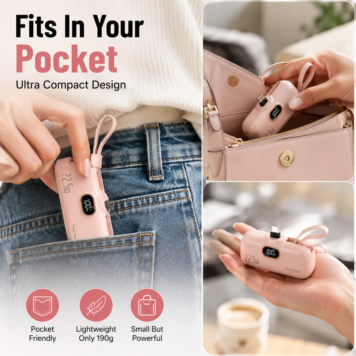 🔋 Pocket Power Bank With Built-In Cable – 🔥22.5W Fast Charging