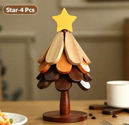 🪵 Solid Wood Heat Resistant, Protect Table From Scalding - Tree Shaped Foldable Wooden Trivet🎄