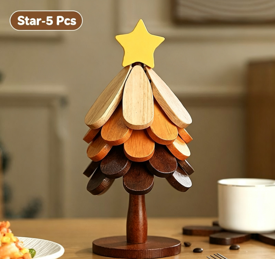 🪵 Solid Wood Heat Resistant, Protect Table From Scalding - Tree Shaped Foldable Wooden Trivet🎄