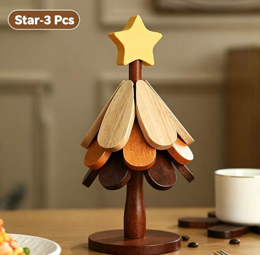 🪵 Solid Wood Heat Resistant, Protect Table From Scalding - Tree Shaped Foldable Wooden Trivet🎄