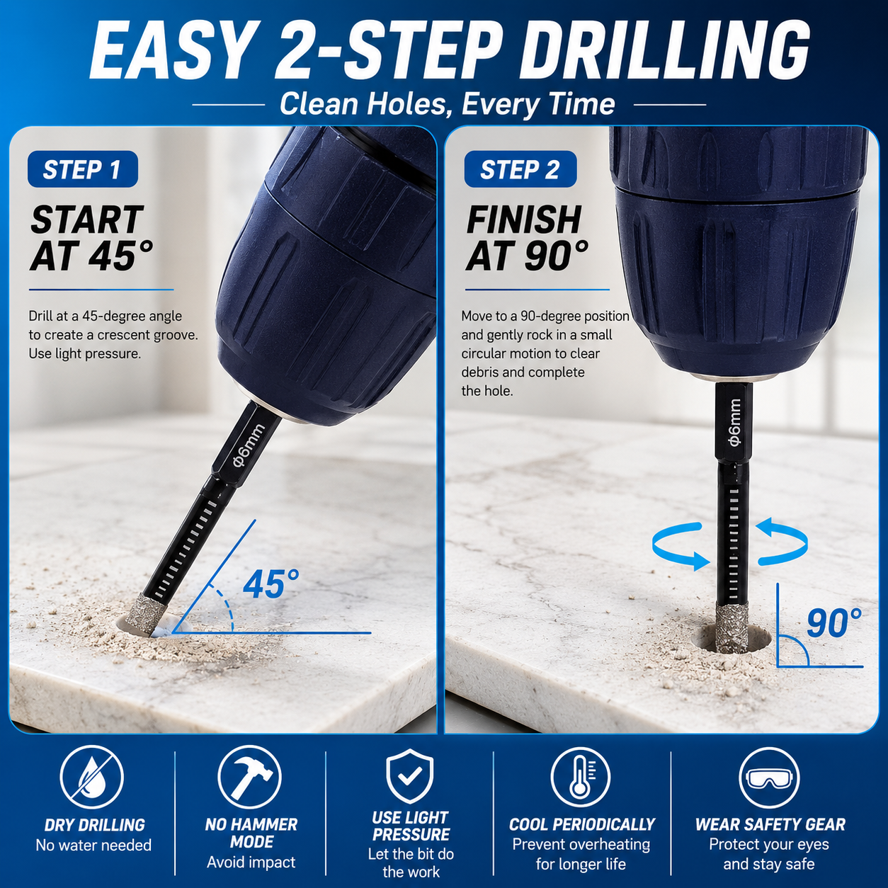 6 Pcs Diamond Drill Bits Set | Multipurpose Diamond Coated Drill Bit Kit for Glass Tile Stone