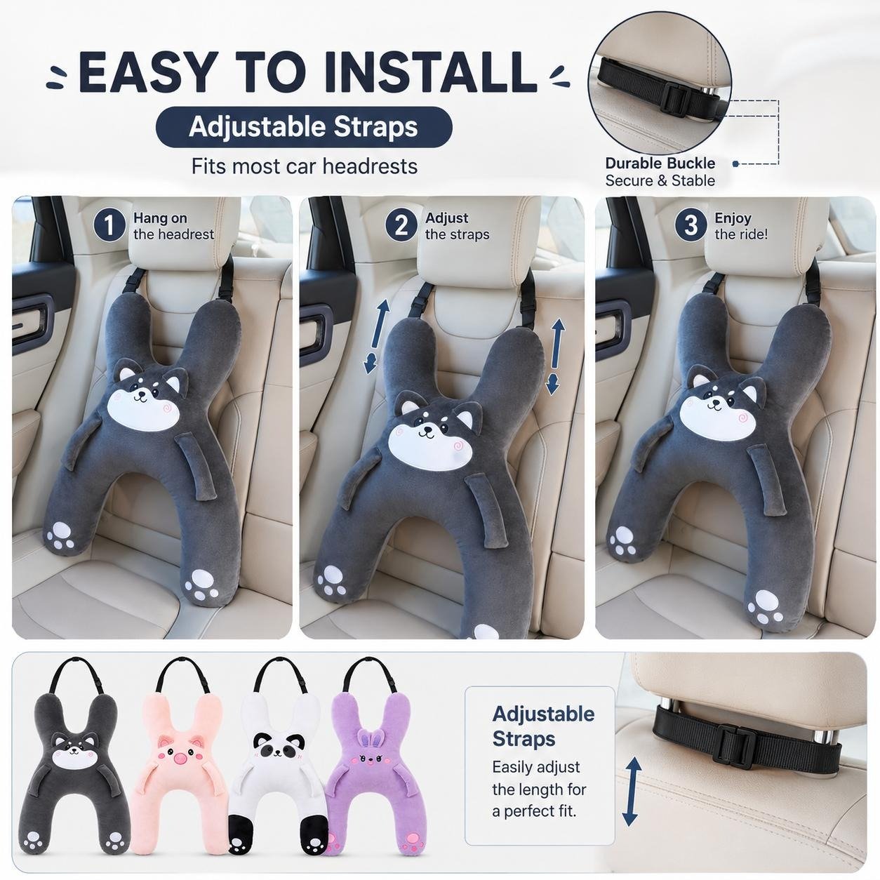 🐷Kids Car Neck Pillow - Soft Plush Pig Design, Car Seat  Attachment