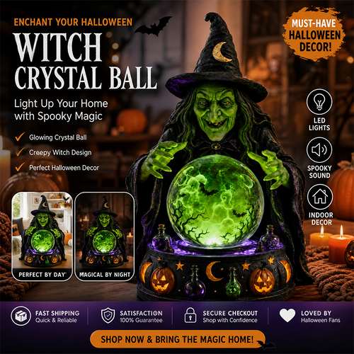 🔮🧙‍♀️Mystic Witch Crystal Ball Tabletop Lamp | Glowing Emerald LED Fortune Teller Statue with Spooky Sound, Swirling Bat Mist & Hand-Painted Resin Detail