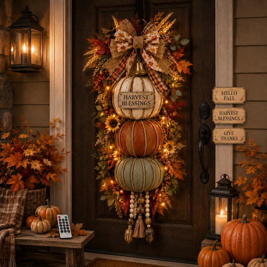 🏡🎃Lighted Stacked Pumpkin Fall Door Decor with 3 Seasonal  Plaques