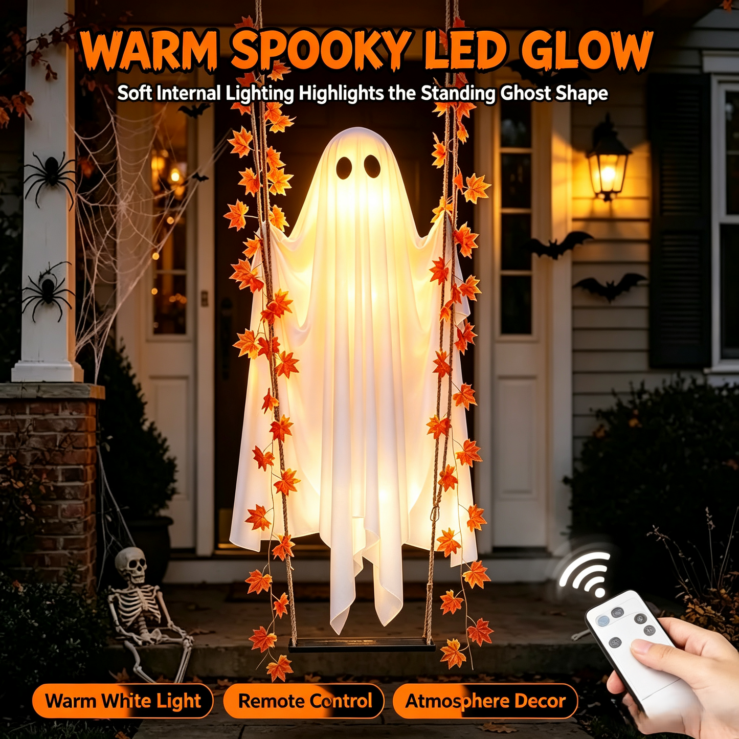 👻✨LED Hanging Ghost Swing Decoration, 5FT Remote Controlled Halloween Outdoor Hanging Decor🎃