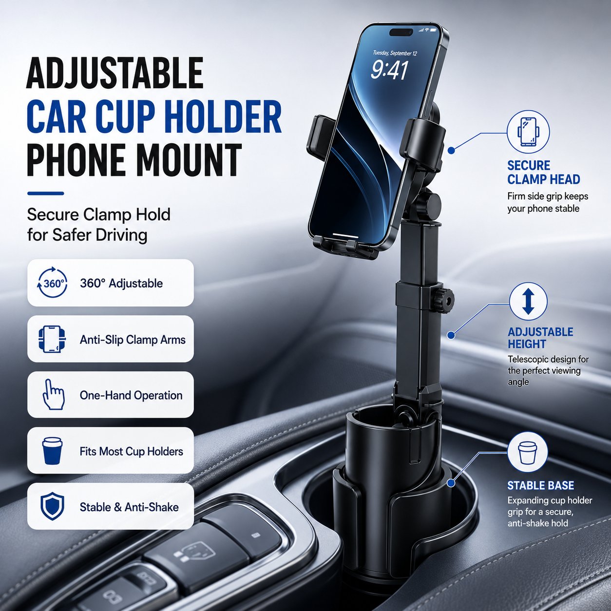 🔥Car Cup Holder Phone Mount – 360° adjustable, strong N52 magnet, one-handed operation, fits all phones, stable magnetic and clamp models for safe driving