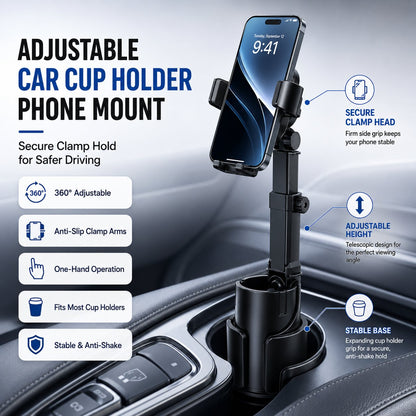 🔥Car Cup Holder Phone Mount – 360° adjustable, strong N52 magnet, one-handed operation, fits all phones, stable magnetic and clamp models for safe driving