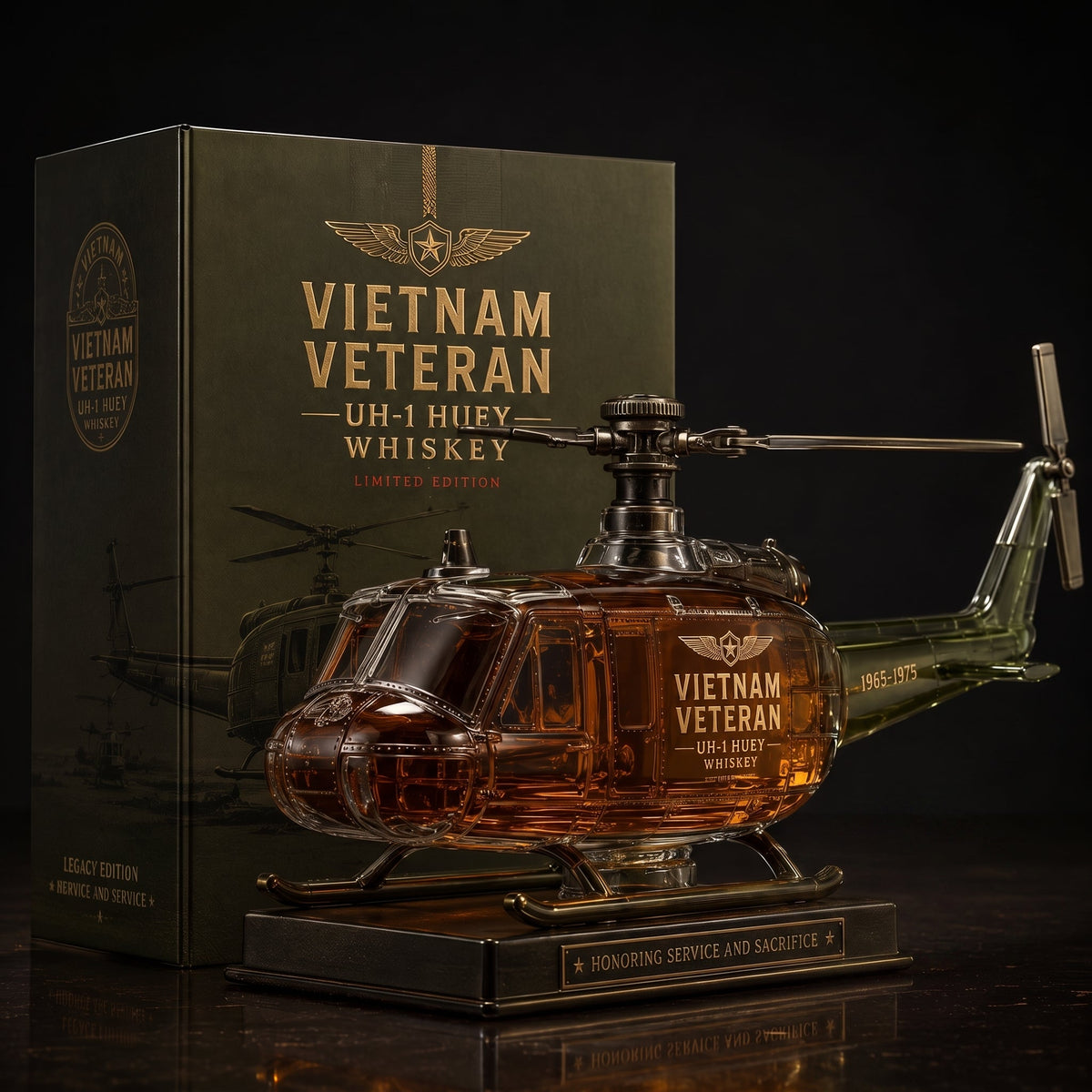 Vietnam War Veteran UH-1 Huey Helicopter Commemorative Whiskey Decanter (1965–1975)