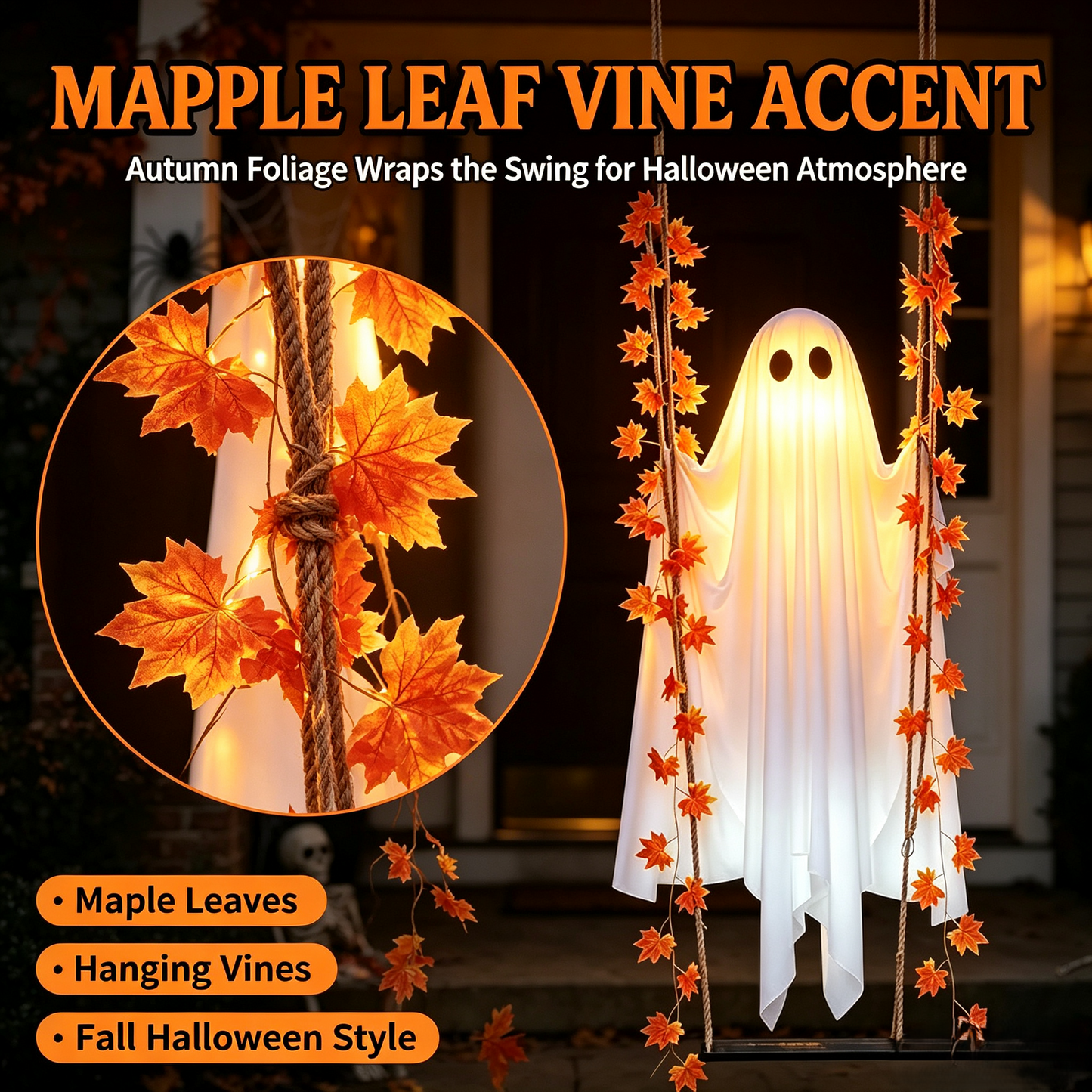 👻✨LED Hanging Ghost Swing Decoration, 5FT Remote Controlled Halloween Outdoor Hanging Decor🎃
