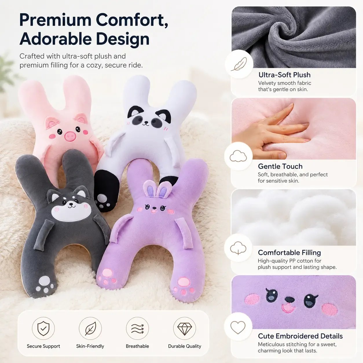 🐷Kids Car Neck Pillow - Soft Plush Pig Design, Car Seat  Attachment