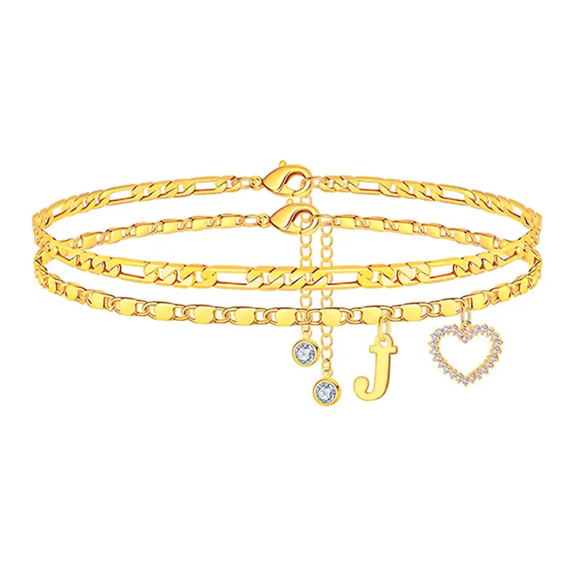 🎁 14k-Gold Plated-Double-Layer 26-Letter-Tone Chain Heart-Shaped Anklet with a  heart-shaped  pendant