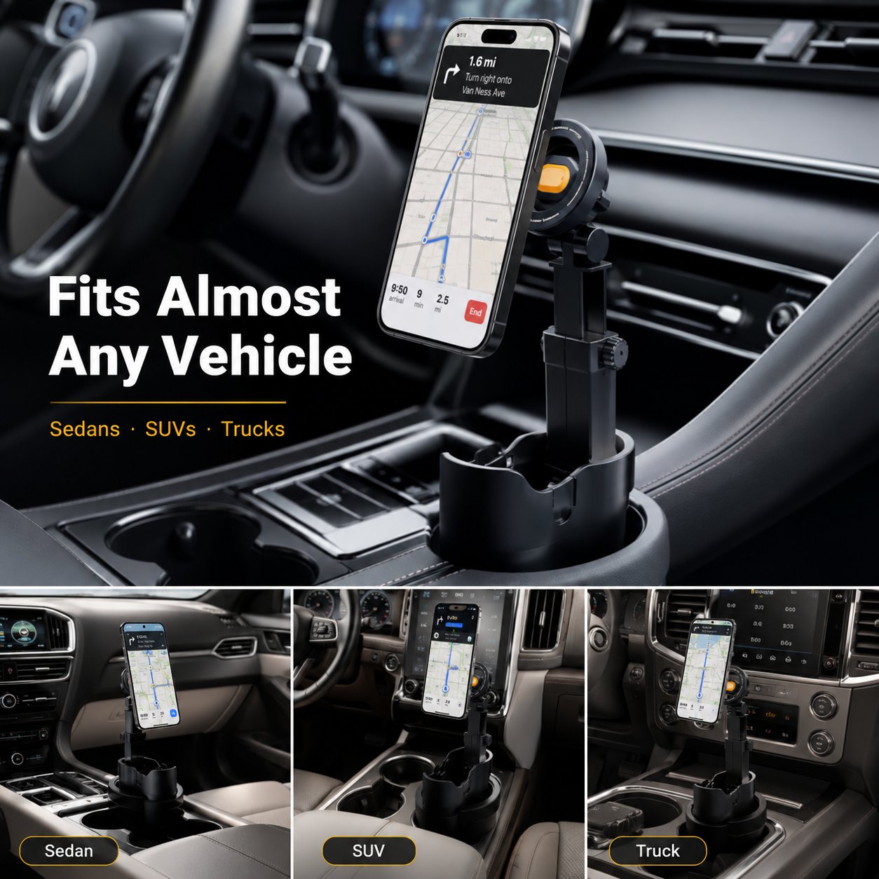 🔥Car Cup Holder Phone Mount – 360° adjustable, strong N52 magnet, one-handed operation, fits all phones, stable magnetic and clamp models for safe driving