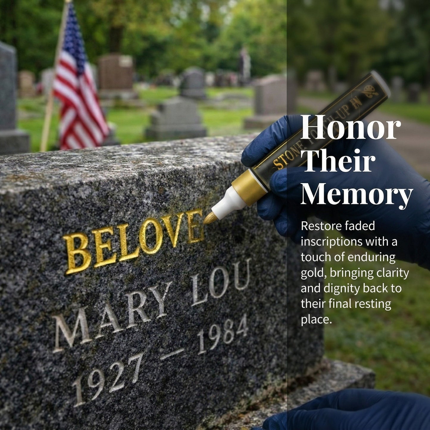 🔥HOT SALE🕊️Golden Tombstone Marker Pen, Waterproof Weather‑Resistant Pen for Restoring Faded Grave Inscriptions