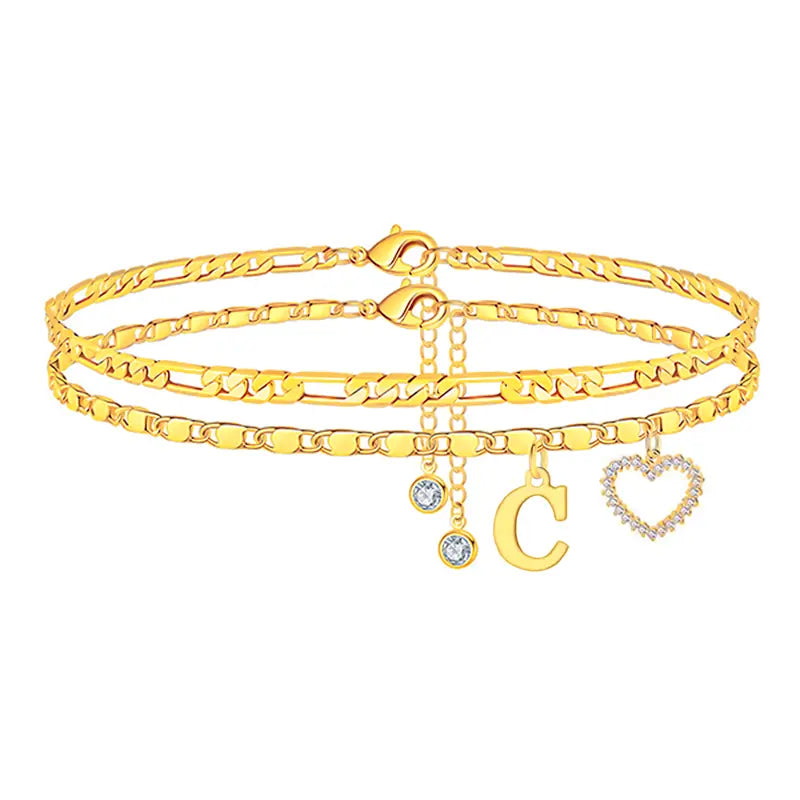 🎁 14k-Gold Plated-Double-Layer 26-Letter-Tone Chain Heart-Shaped Anklet with a  heart-shaped  pendant