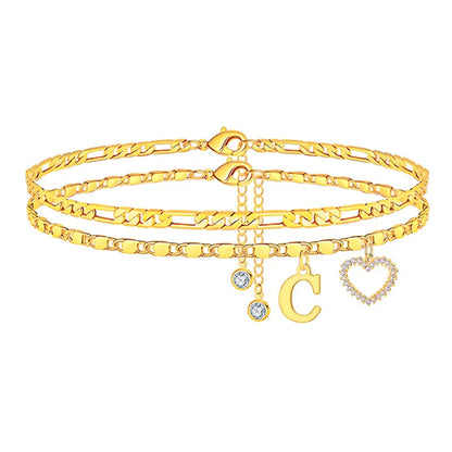 🎁 14k-Gold Plated-Double-Layer 26-Letter-Tone Chain Heart-Shaped Anklet with a  heart-shaped  pendant