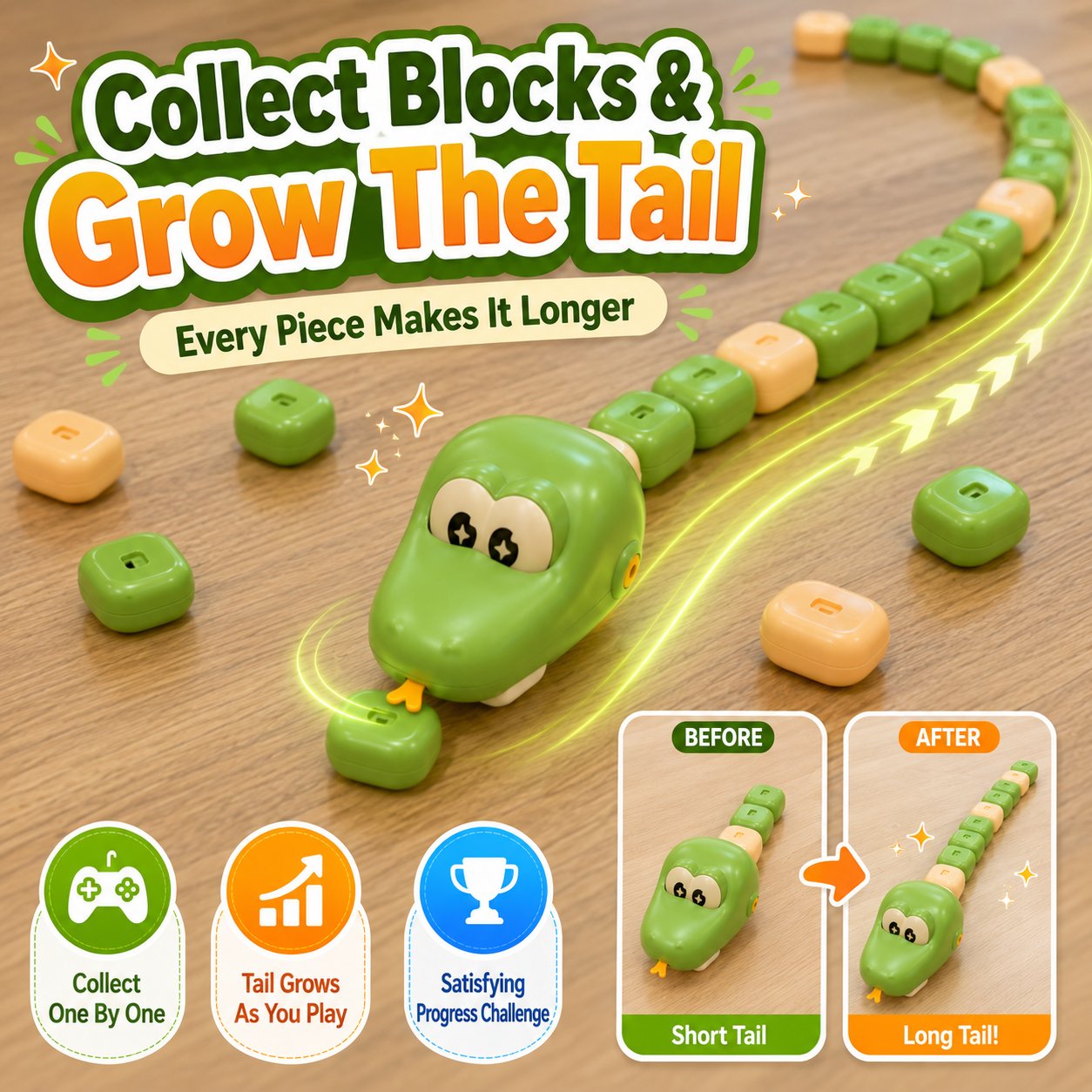 🐍Remote Control Snake Block‑Collecting Game, RC Snake Interactive Toy, Fun Block‑Stacking Collecting Game Toy for Kids & Family Party
