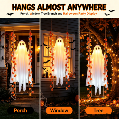 👻✨LED Hanging Ghost Swing Decoration, 5FT Remote Controlled Halloween Outdoor Hanging Decor🎃