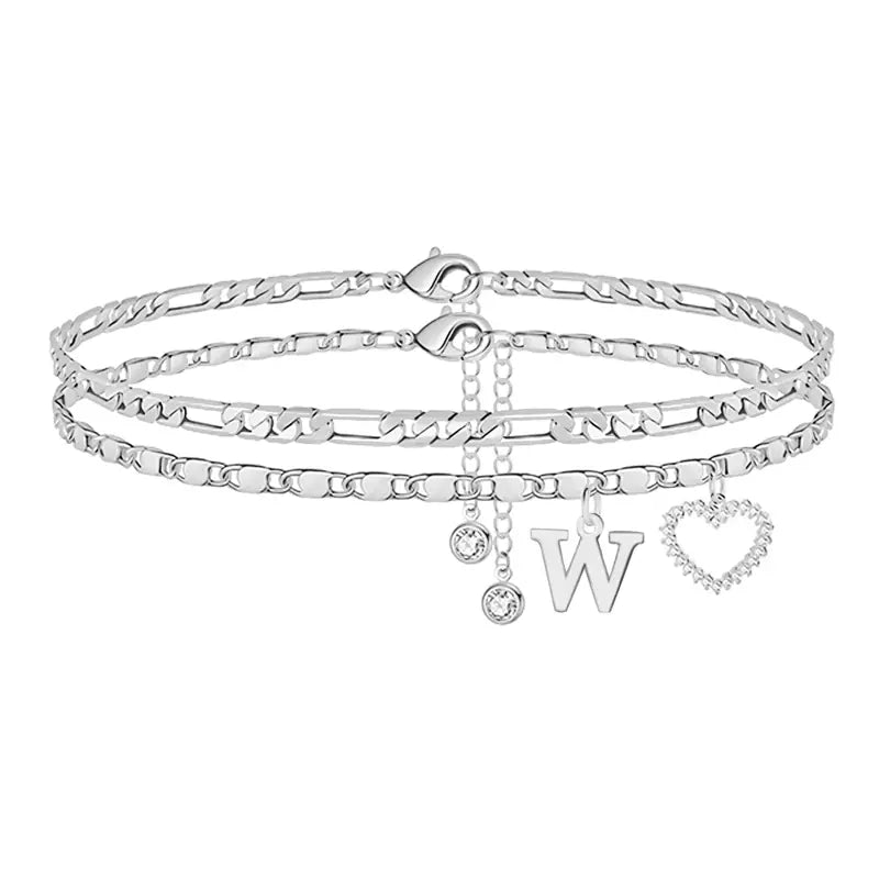 🎁 14k-Gold Plated-Double-Layer 26-Letter-Tone Chain Heart-Shaped Anklet with a  heart-shaped  pendant