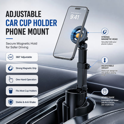 🔥Car Cup Holder Phone Mount – 360° adjustable, strong N52 magnet, one-handed operation, fits all phones, stable magnetic and clamp models for safe driving
