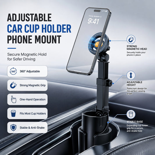 🔥Car Cup Holder Phone Mount – 360° adjustable, strong N52 magnet, one-handed operation, fits all phones, stable magnetic and clamp models for safe driving