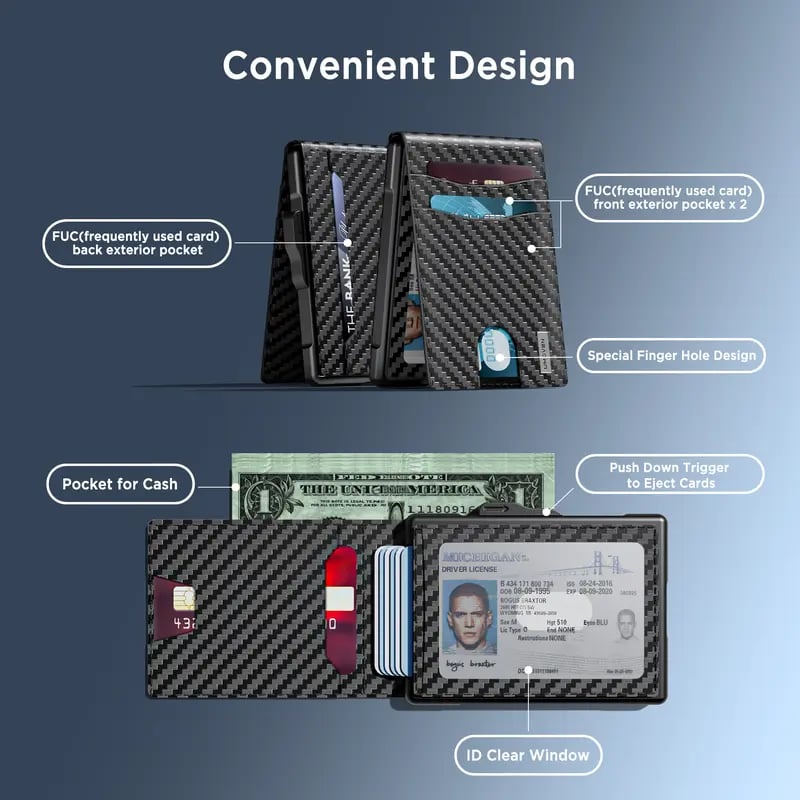 🔥Minimalist Pop-Up Wallet for Men – RFID Blocking Aluminum Card Holder with Cash Slot, ID Window & Leather Front Pocket