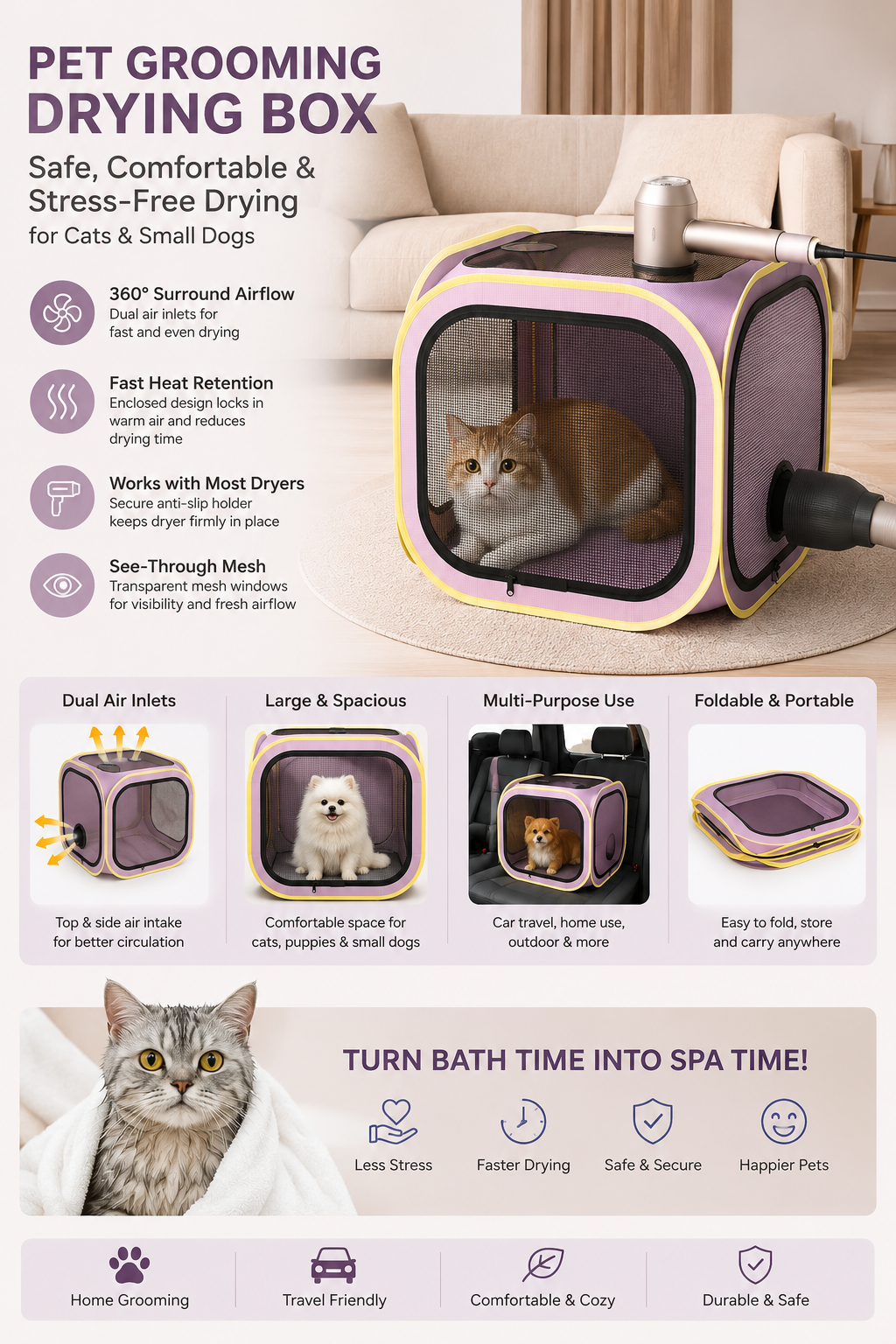 Foldable Dual-Vent Pet Dryer Box, Scratch Resistant Pet Drying Cage, Portable Pet Blow Dryer Tent for Home Bath Grooming SPA for Cats and Dogs