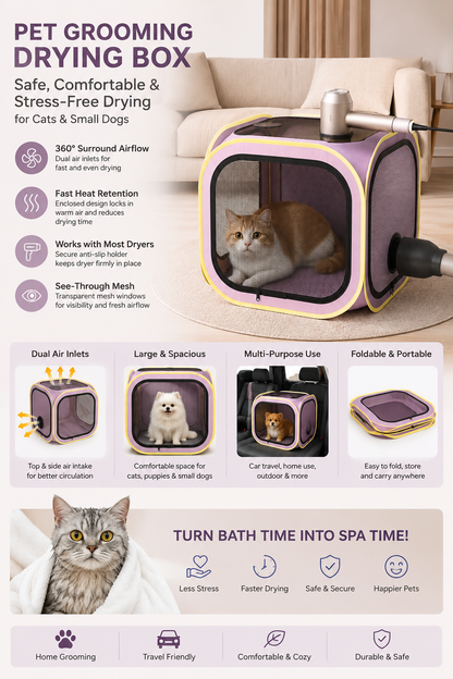 Foldable Dual-Vent Pet Dryer Box, Scratch Resistant Pet Drying Cage, Portable Pet Blow Dryer Tent for Home Bath Grooming SPA for Cats and Dogs
