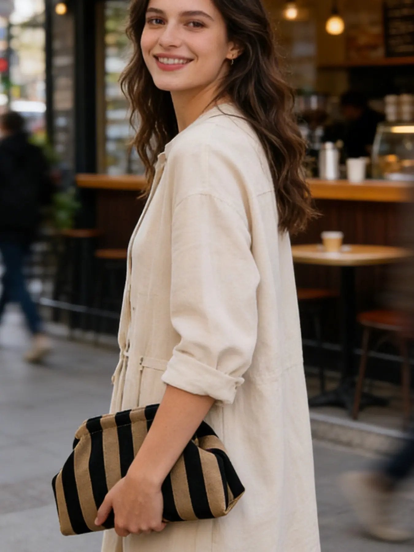Women's Striped & Diamond Dot Cloud Crossbody Bag, Clip‑Top Closure Casual Handbag for Daily Use