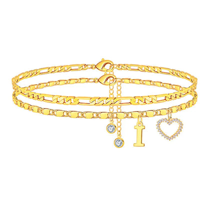 🎁 14k-Gold Plated-Double-Layer 26-Letter-Tone Chain Heart-Shaped Anklet with a  heart-shaped  pendant