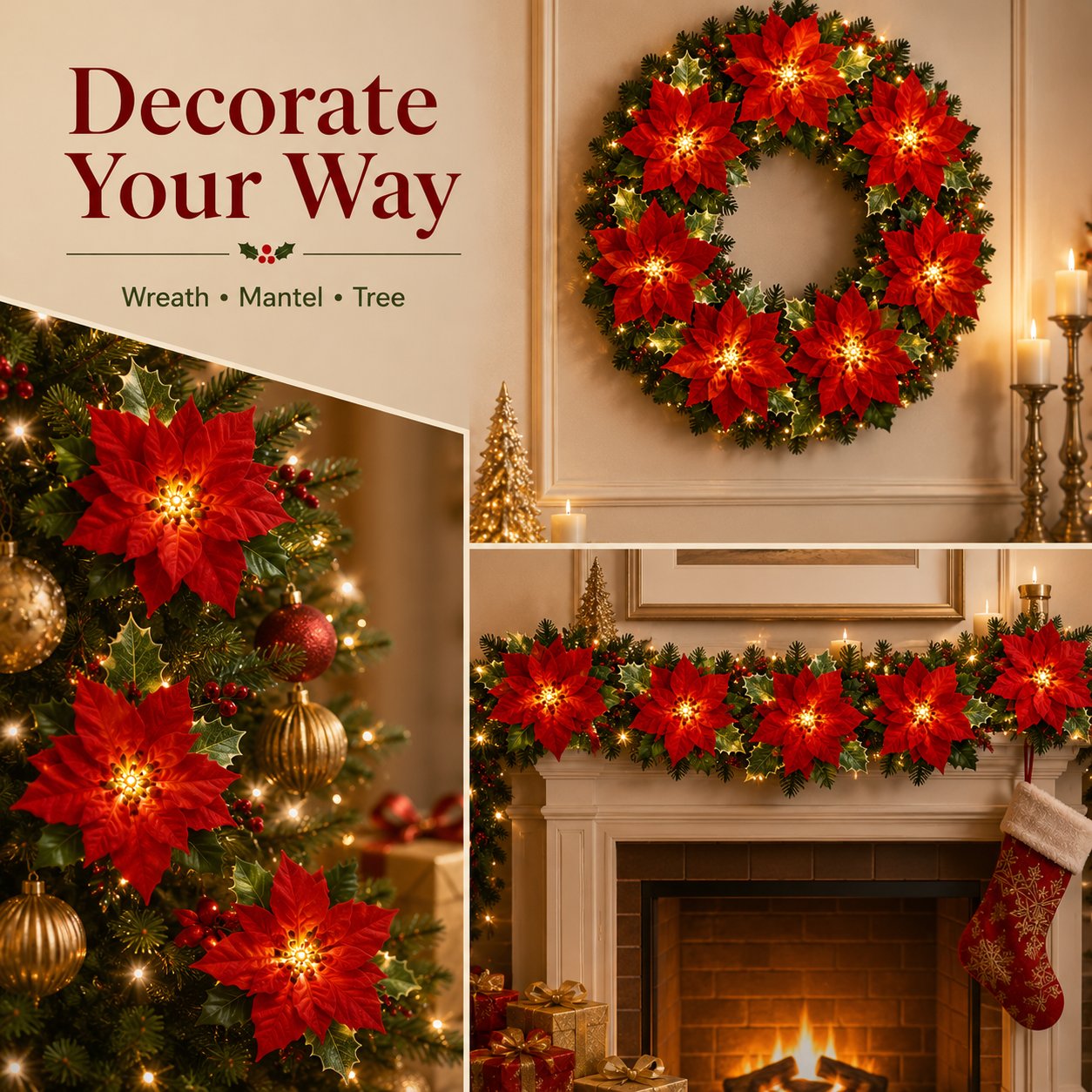🎄✨Christmas Poinsettia LED Garland String Lights, Holiday Xmas Decor