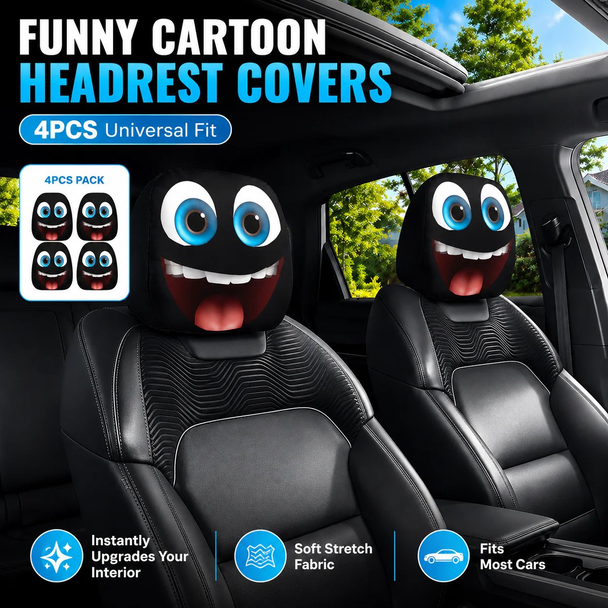 🔥😆 Funny Cartoon Car Headrest Covers – 2PCS Universal Fit  🚗
